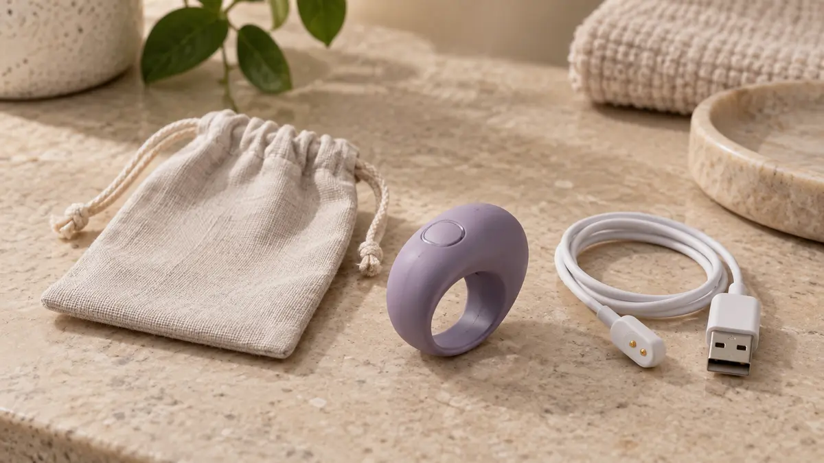 Close view of an unbranded compact finger-worn personal-wellness device, pouch, and charging cable in a product-inspection scene.