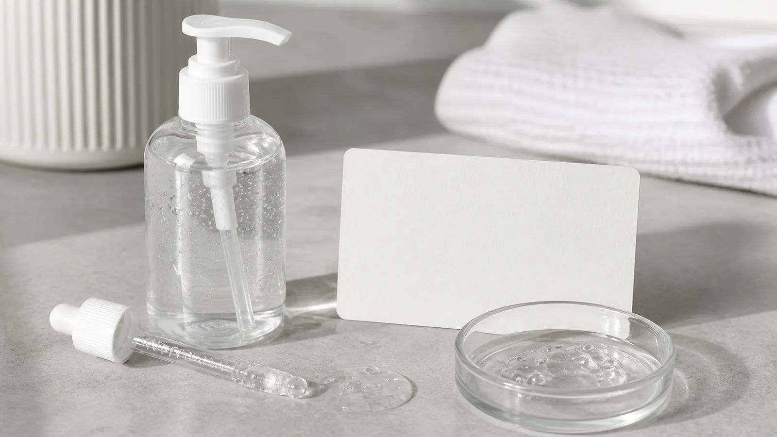An unbranded personal lubricant pump bottle with a blank ingredient card and transparent gel sample.