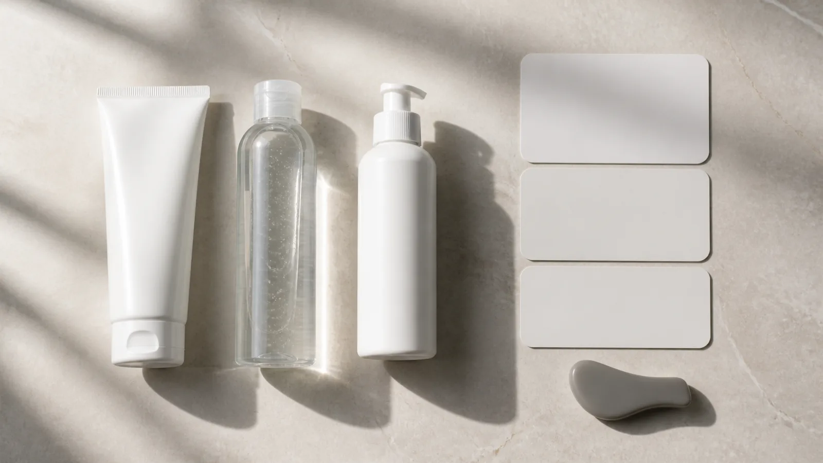Three unbranded personal lubricant packages arranged with blank comparison cards and a neutral material sample.