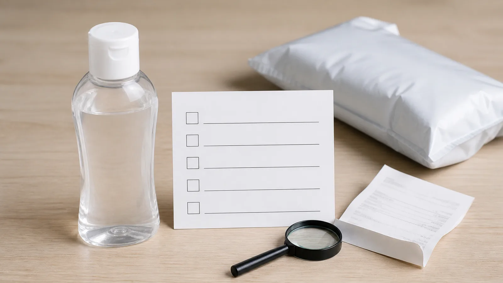 An unbranded personal lubricant bottle beside a blank review checklist, magnifying glass, and sealed parcel.