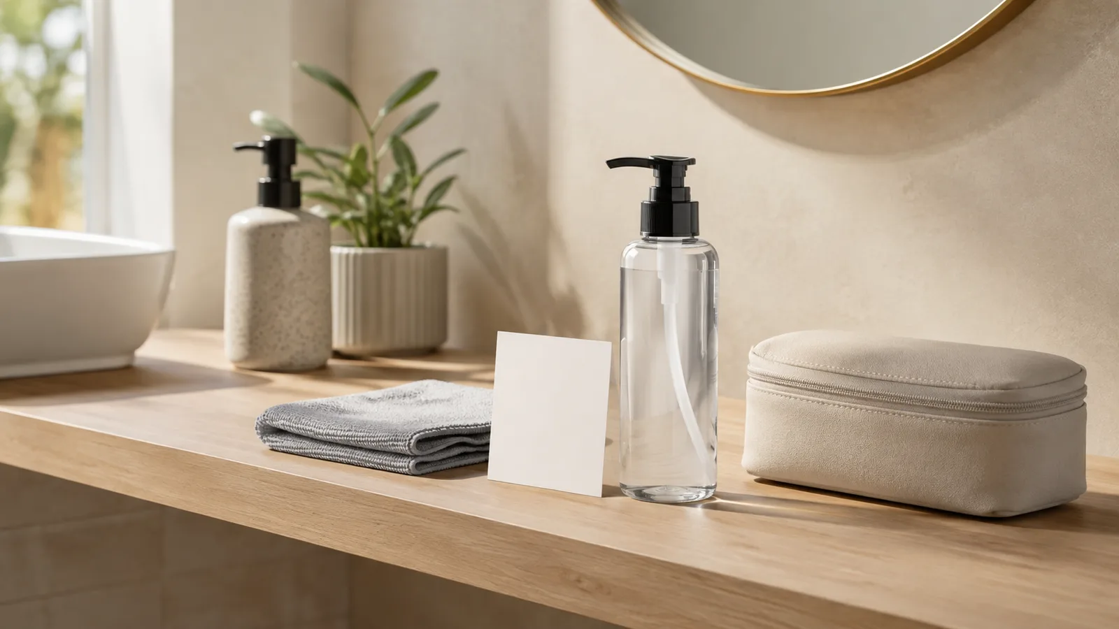 An unbranded personal lubricant pump bottle, microfiber cloth, blank care card, and closed neutral pouch on a warm bathroom shelf.