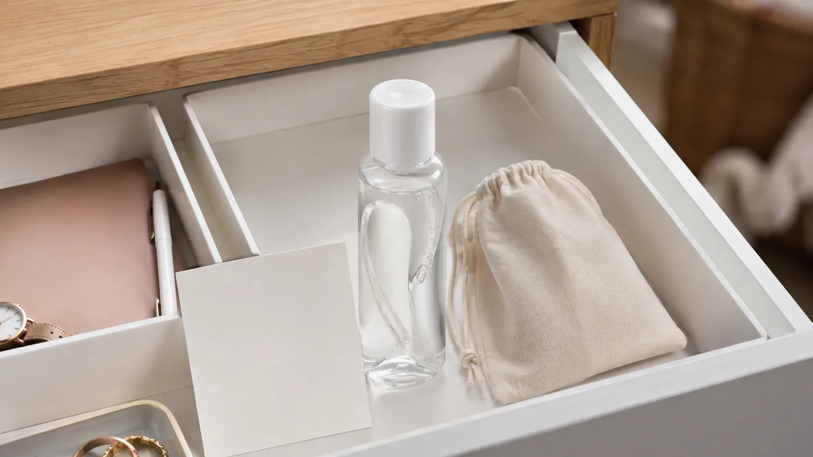 An unbranded personal lubricant bottle stored upright in a tidy divided drawer with a neutral pouch.