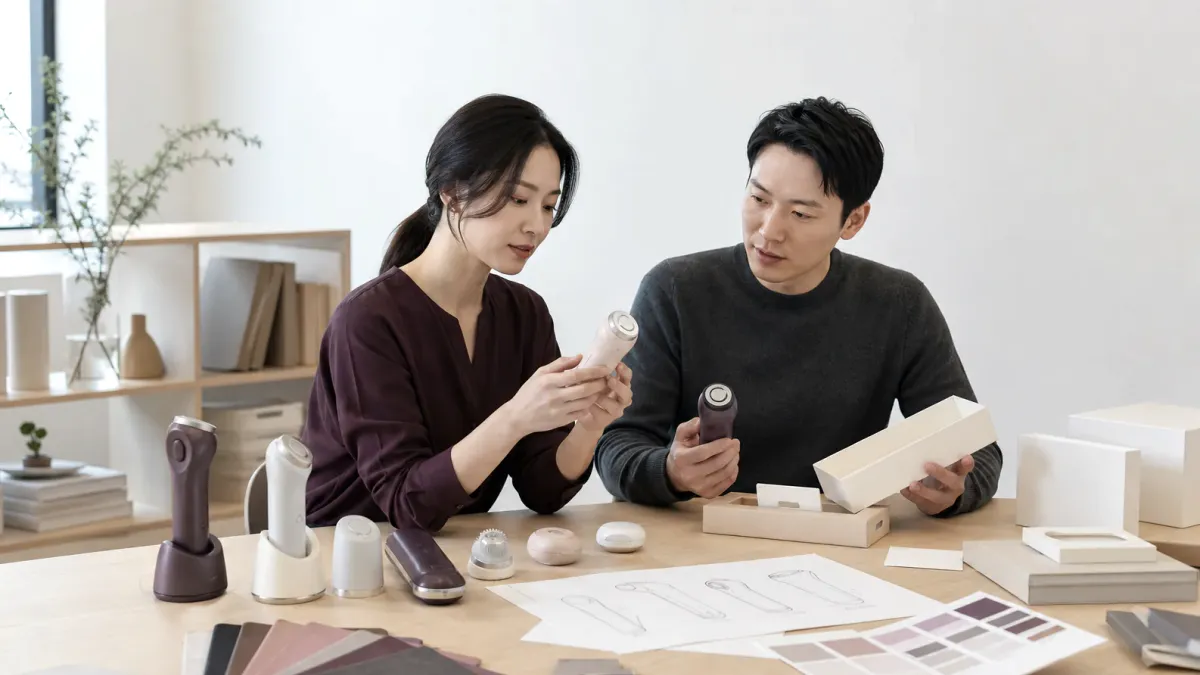 An Asian adult quality technician inspecting unbranded consumer-wellness packaging at a clean workbench.