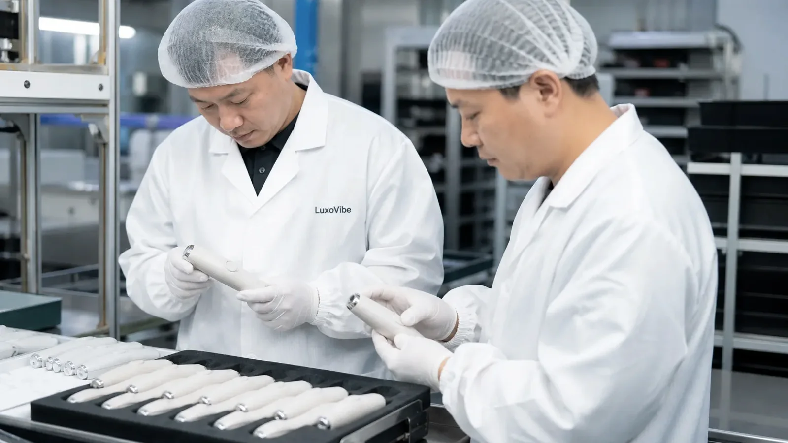 Asian adult quality-control technician inspecting unbranded wellness-product packaging at a clean workbench.