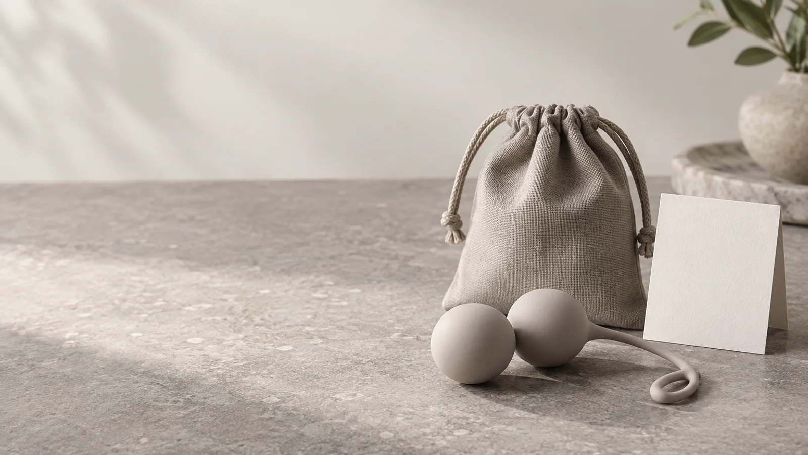 Unbranded Kegel balls beside a private storage pouch and blank care card on a neutral product-review table.