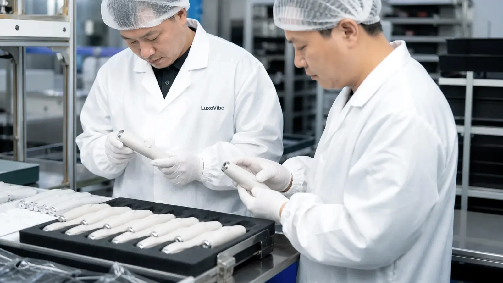 Asian adult quality-control technician inspecting unbranded wellness-product packaging at a clean workbench.