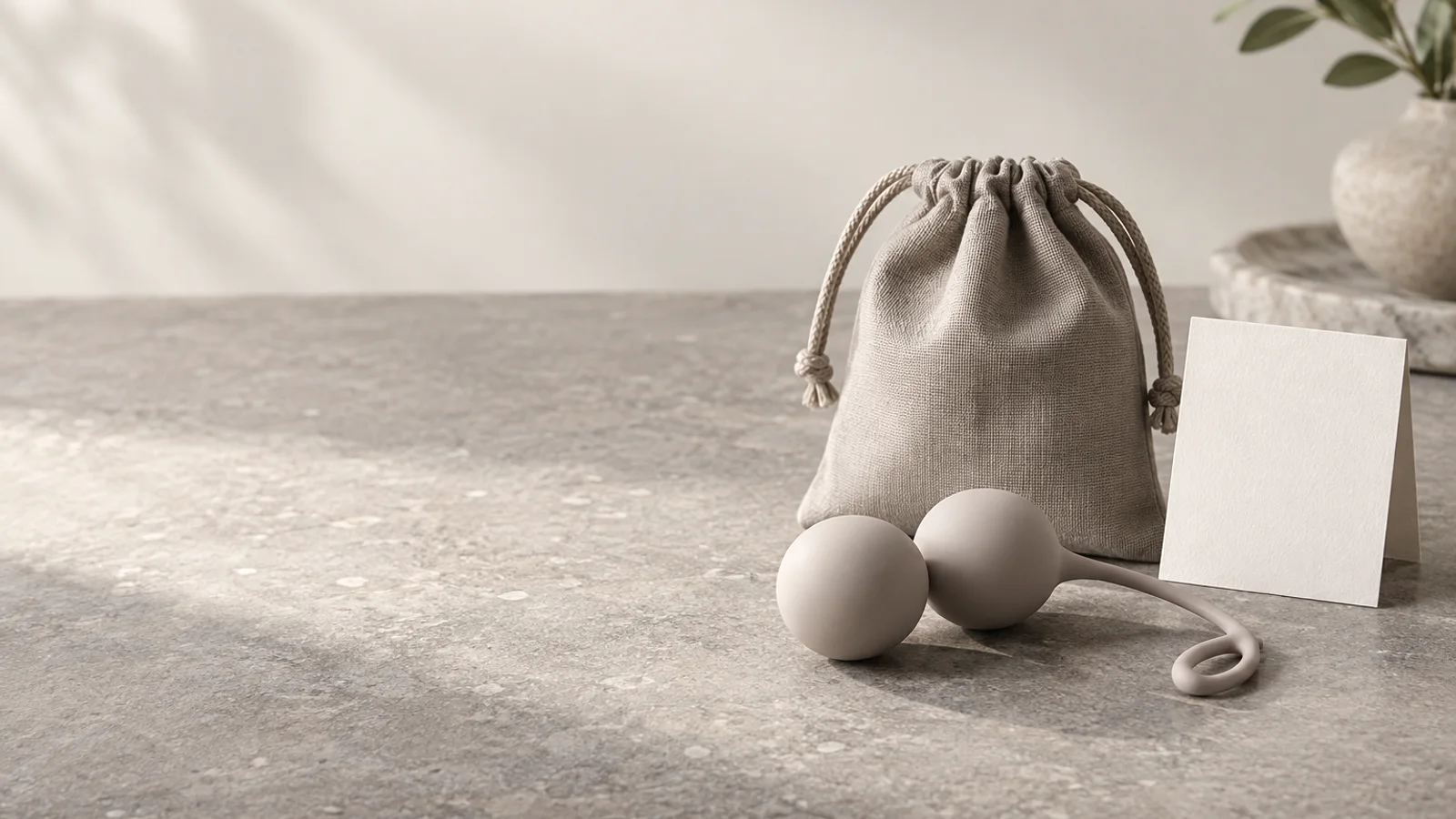 Unbranded Kegel balls beside a private storage pouch and blank care card on a neutral product-review table.