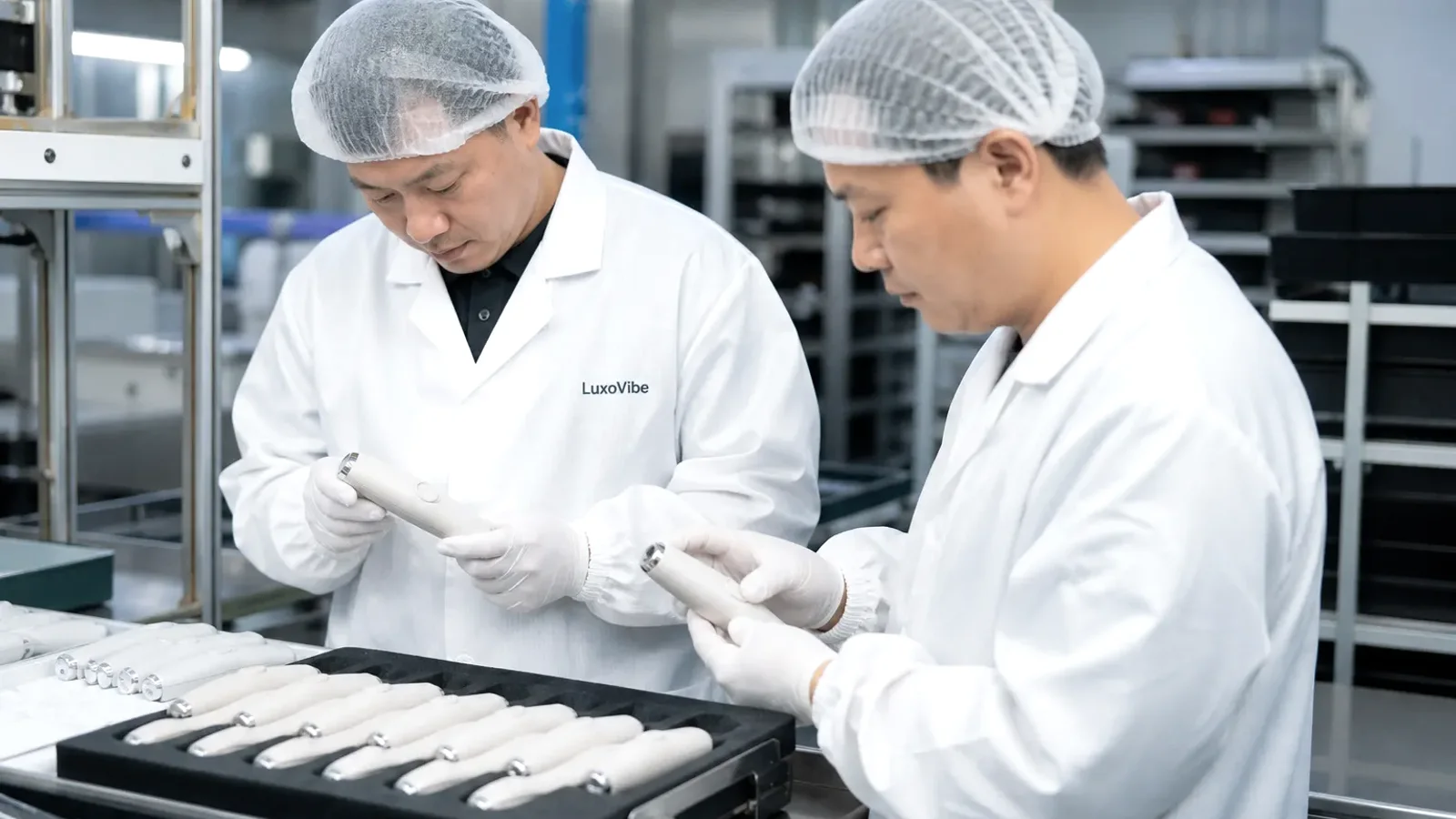 Asian adult quality-control technician inspecting unbranded wellness-product packaging at a clean workbench.