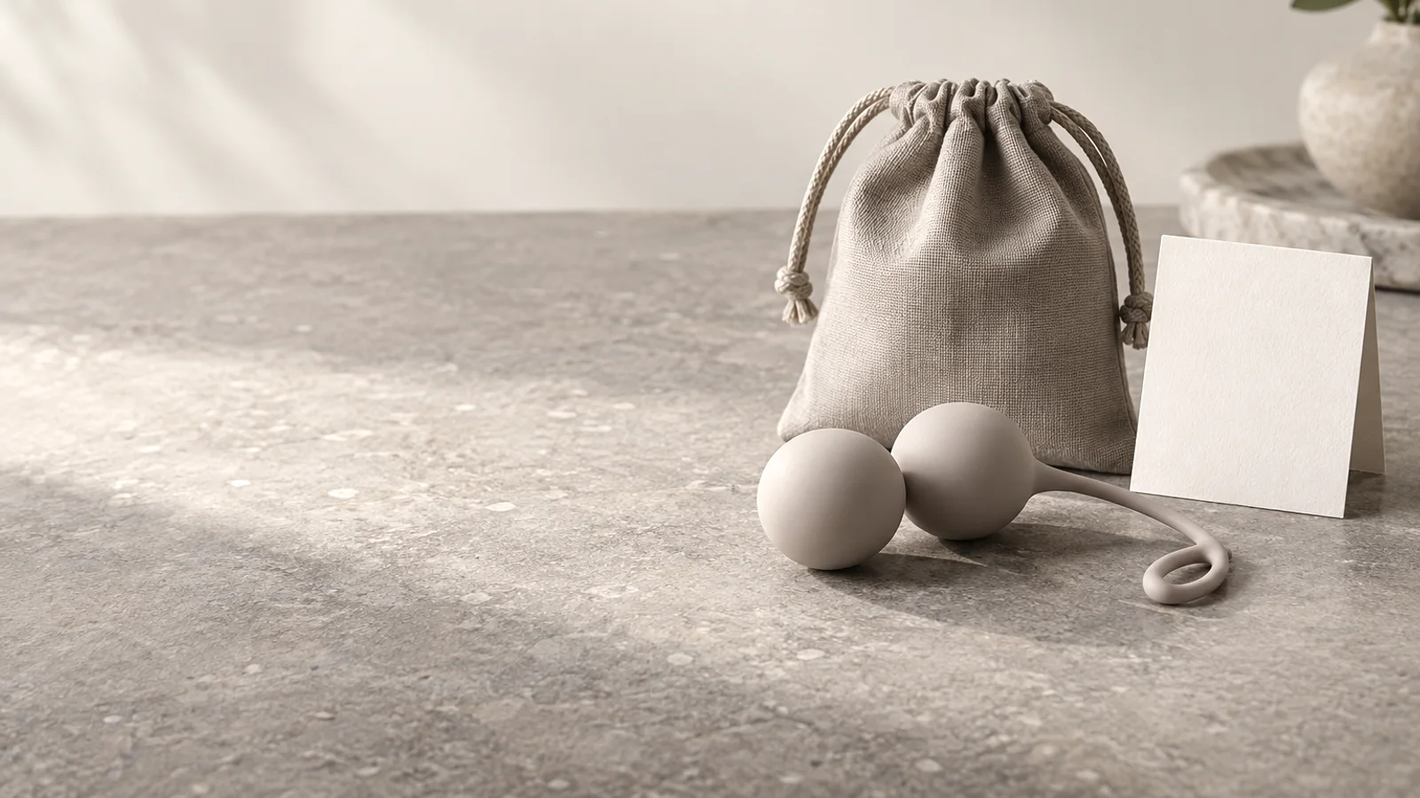 Unbranded Kegel balls beside a private storage pouch and blank care card on a neutral product-review table.