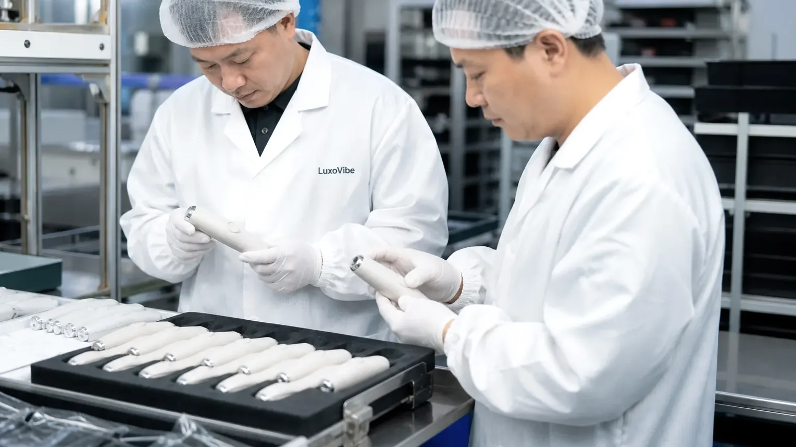 Asian adult quality-control technician inspecting unbranded wellness-product packaging at a clean workbench.