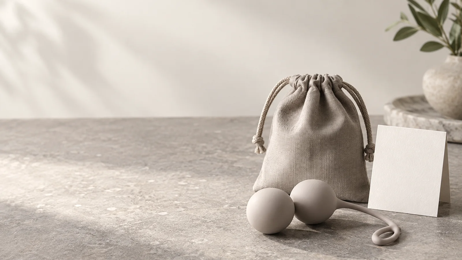 Unbranded Kegel balls beside a private storage pouch and blank care card on a neutral product-review table.