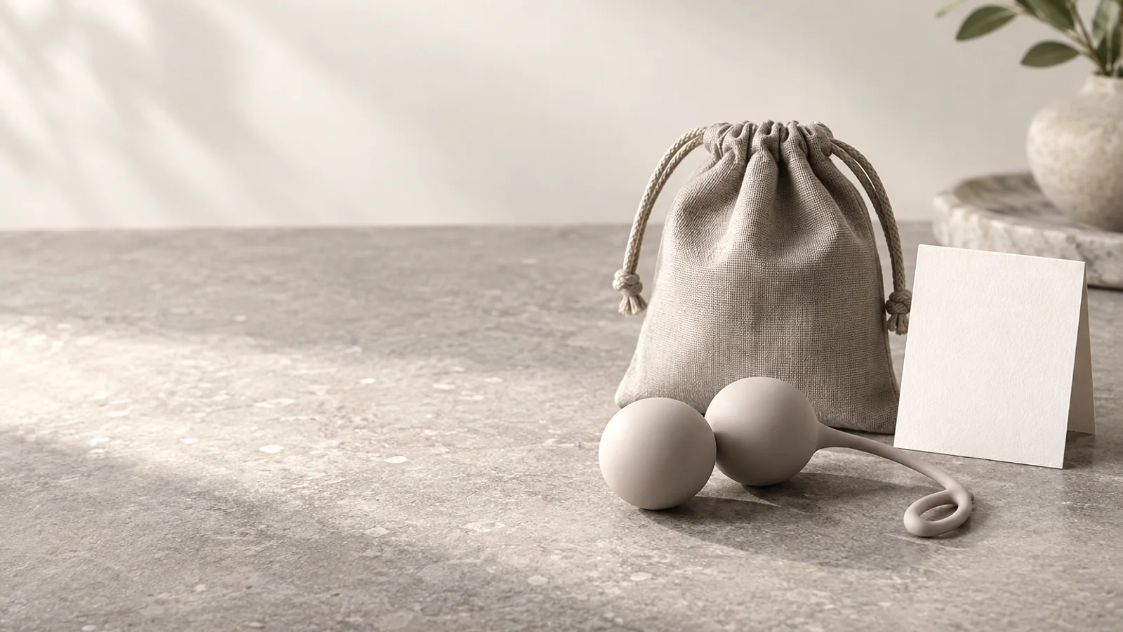 Unbranded Kegel balls beside a private storage pouch and blank care card on a neutral product-review table.
