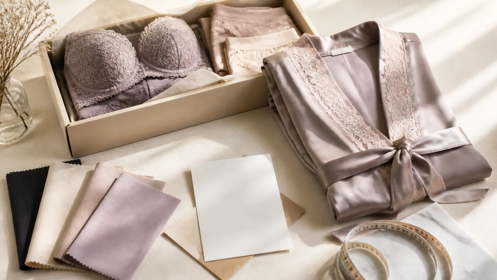 A folded deep-plum lingerie set, a tape measure, fabric tags, and a plain size card in a calm editorial studio setting.