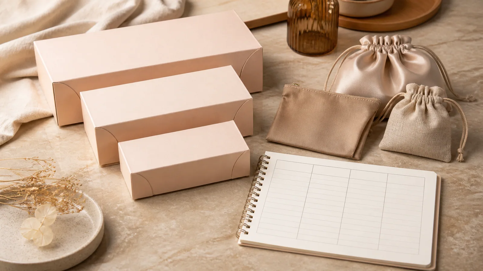 Three folded lingerie sets at different price points, an order note, fabric samples, and a plain parcel on a neutral desk.