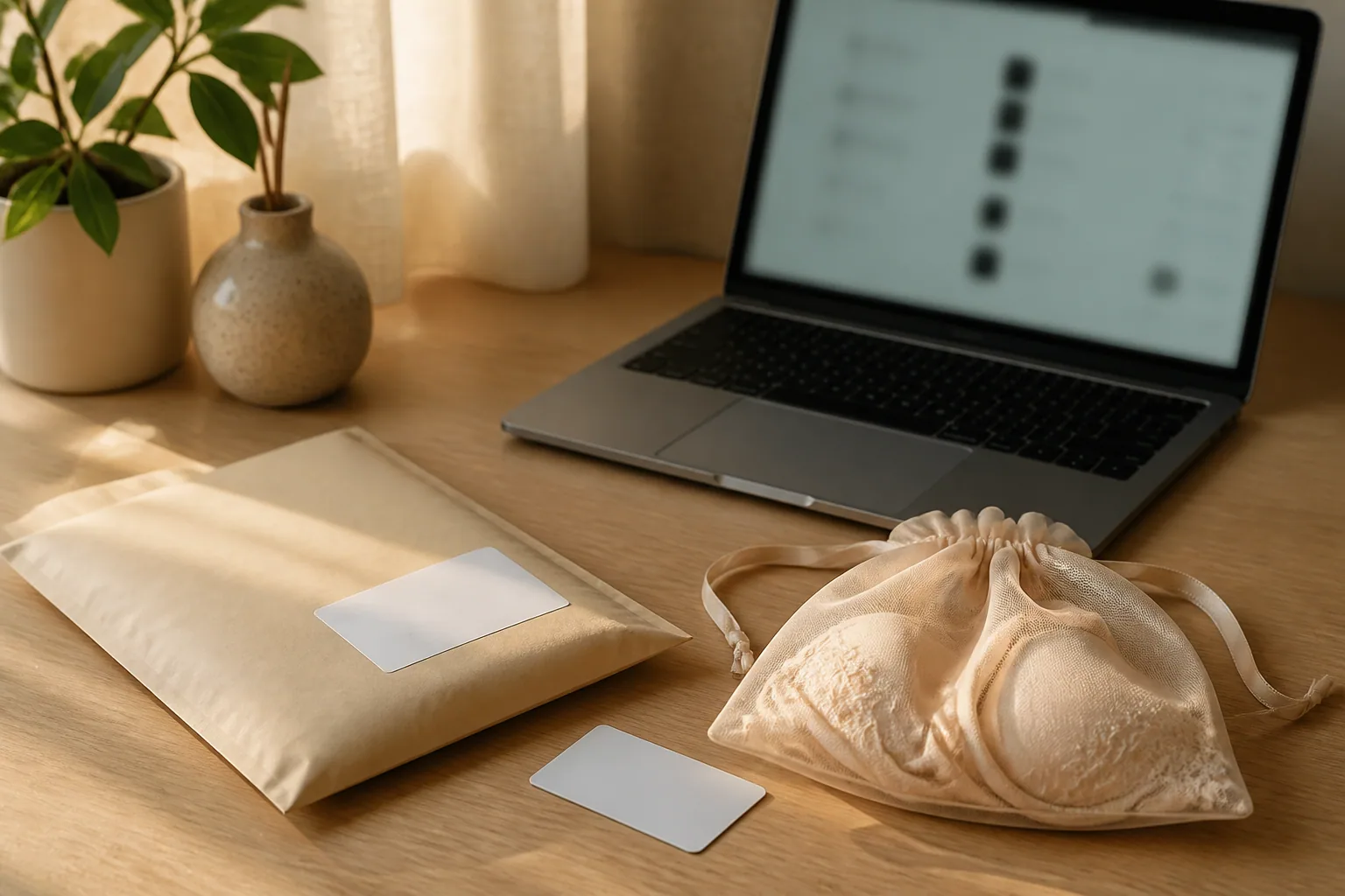 A plain parcel, lingerie pouch, blank card, and laptop with an abstract blurred checkout screen on a home desk.