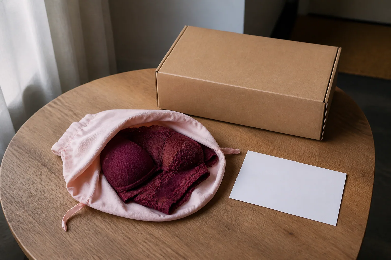 A plain delivery box, burgundy lingerie in a soft pouch, and a blank delivery card arranged on a wood table.