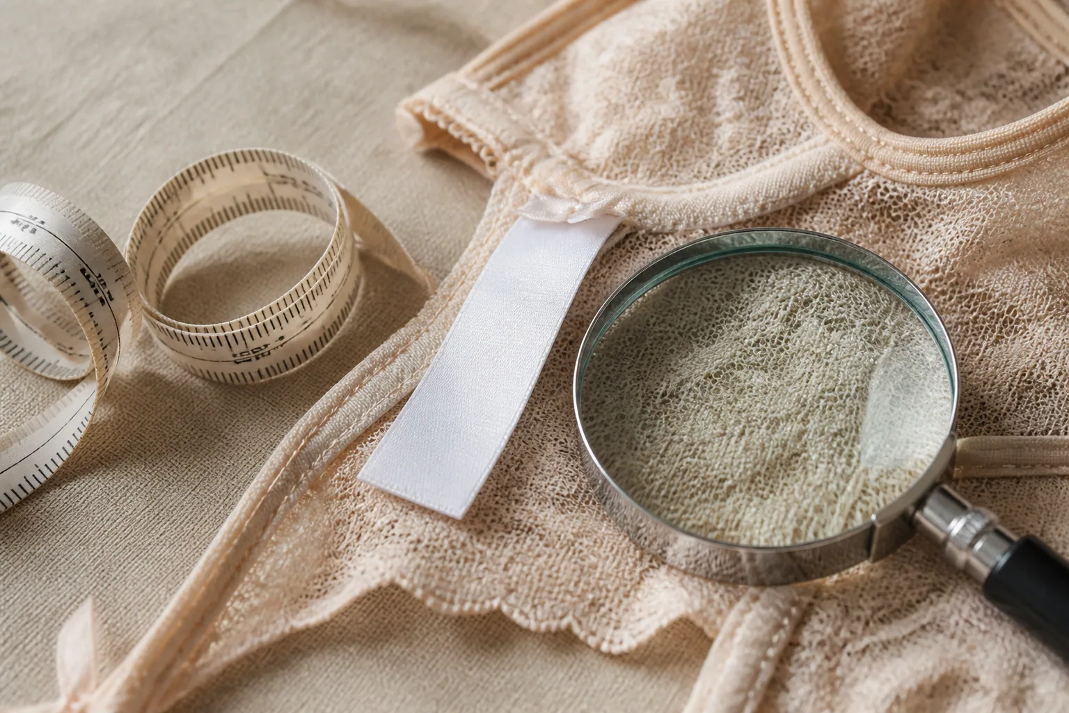 A fabric care tag, measuring tape, magnifying glass, and lace garment detail on a neutral linen surface.