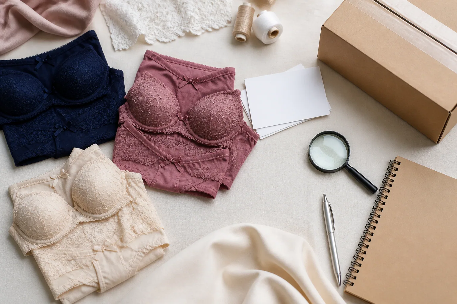 Three folded unbranded lingerie sets, blank notes, a magnifying glass, notebook, and parcel arranged on a textile studio table.