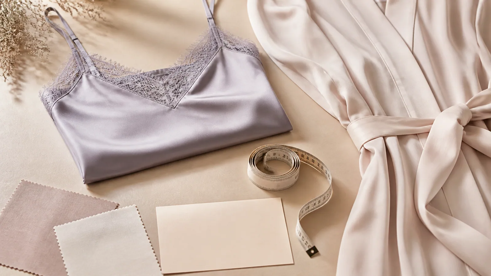 A folded satin camisole, soft robe, flexible measuring tape, fabric swatches, and a care card on a warm neutral surface.