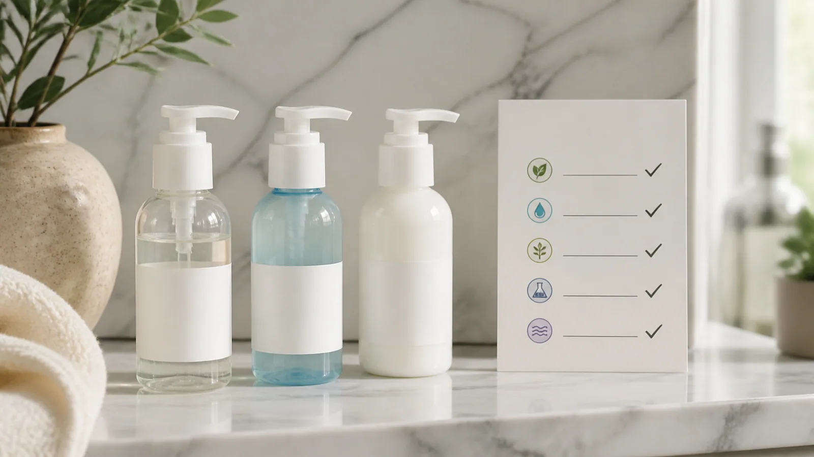 Three unbranded personal lubricant pump bottles, a blank ingredient card, and a soft cloth on a clean shelf.