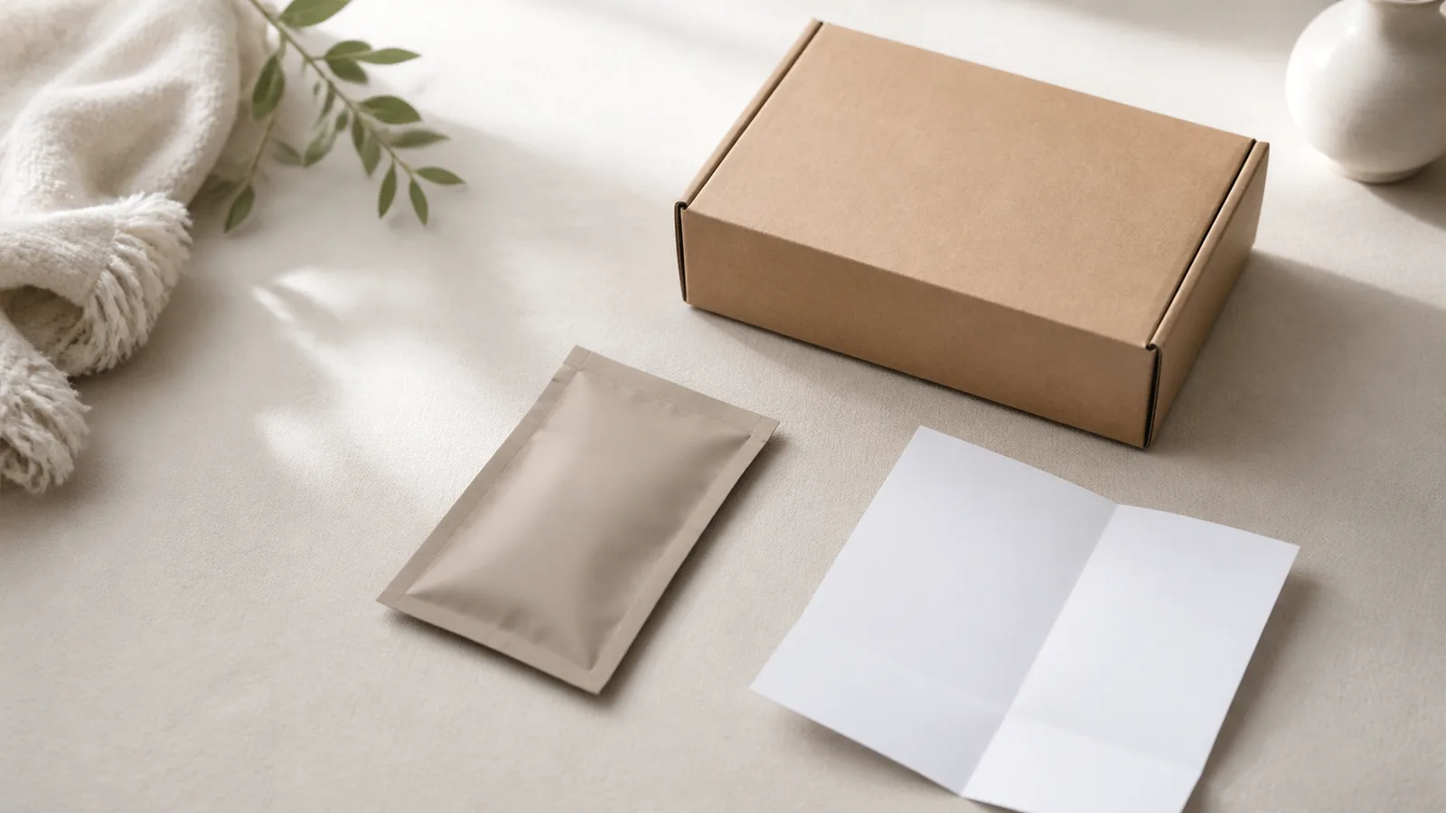 A plain parcel, unbranded pouch, and neutral privacy checklist arranged for an online-order review.