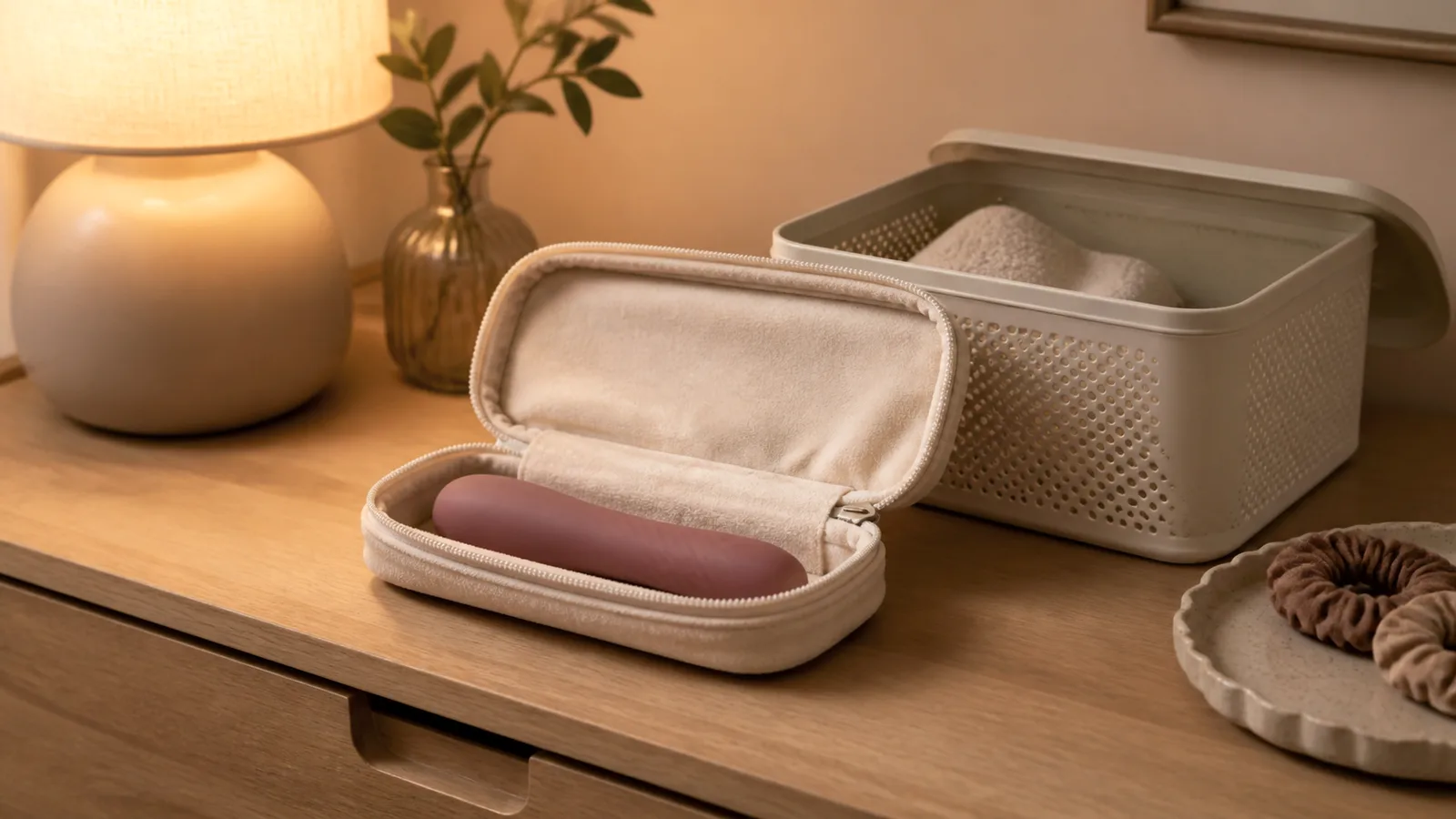 A clean personal wellness product and breathable storage pouch organized in a dry, divided drawer.