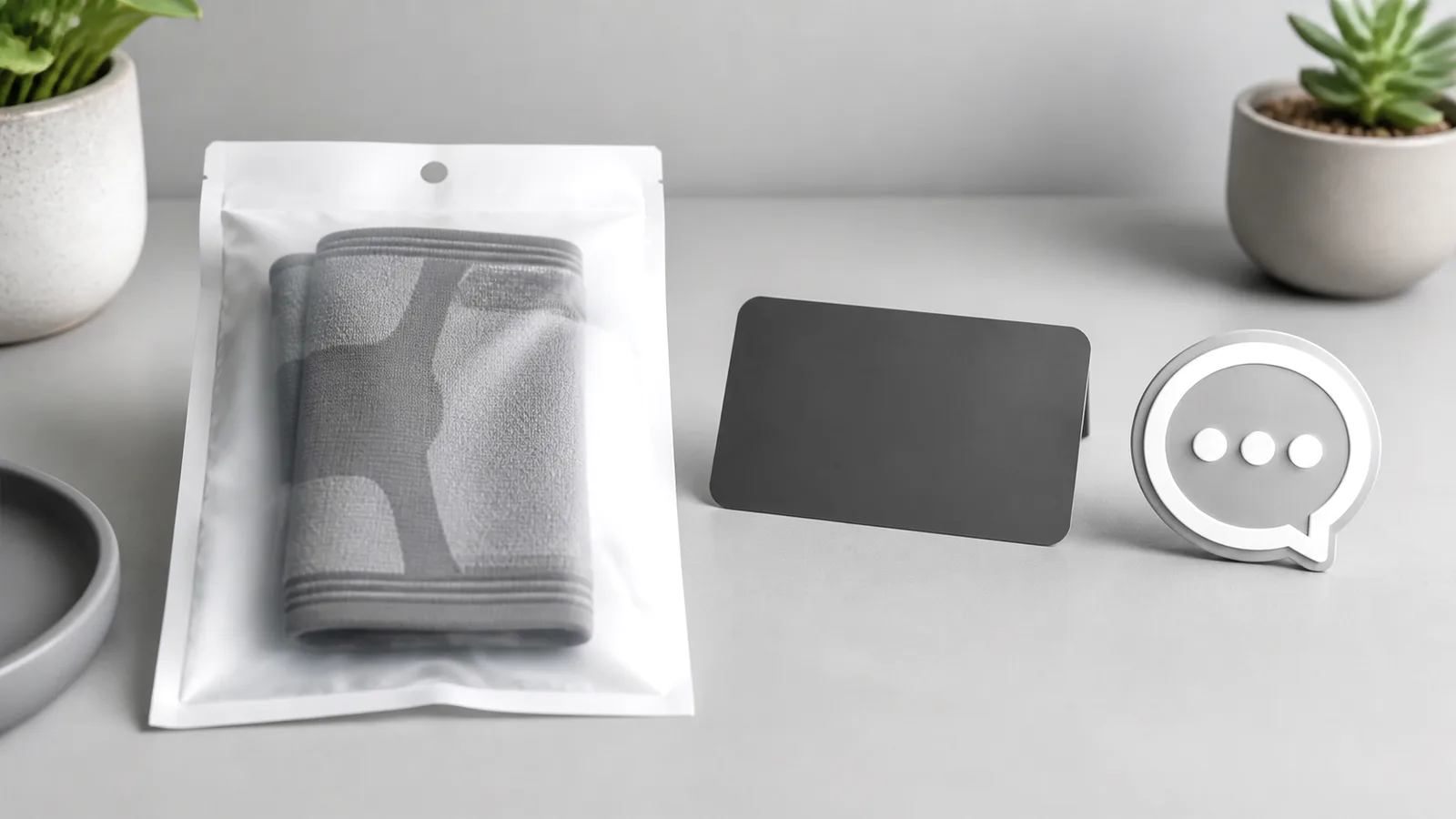 A sealed plain parcel, unbranded product box, order card, and customer-support checklist on a neutral desk.