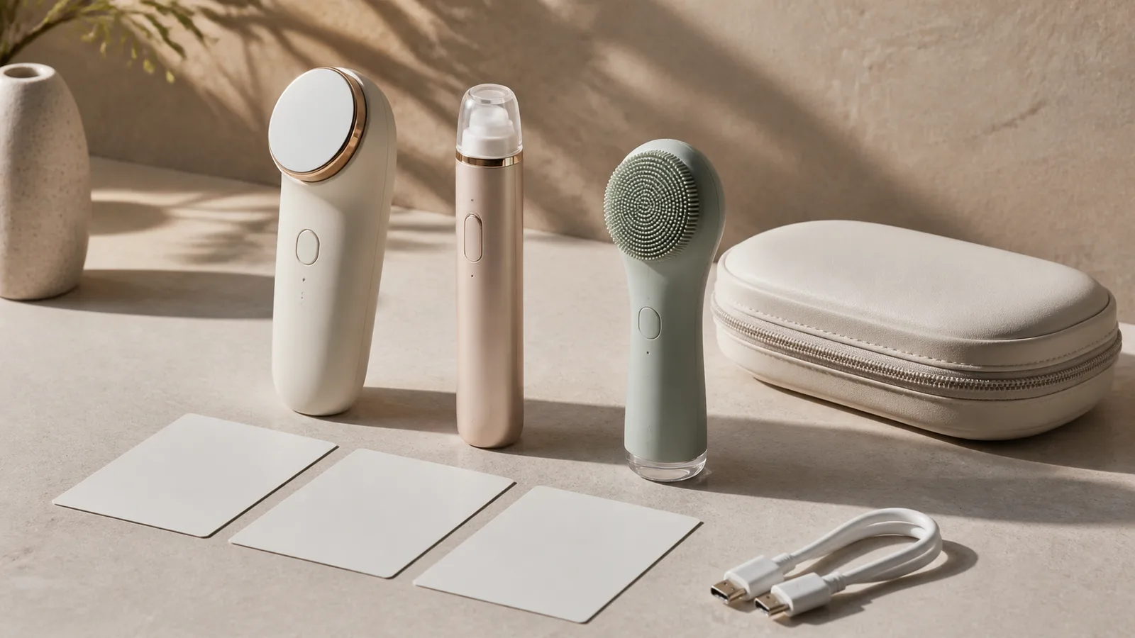 Two distinct unbranded compact personal wellness devices arranged with a USB-C cable, neutral pouch and blank comparison cards.