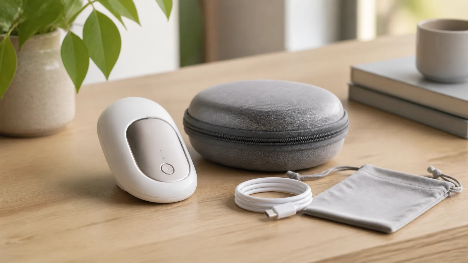Unbranded compact personal wellness devices with neutral material samples, a storage pouch, and a blank care card on a studio table.
