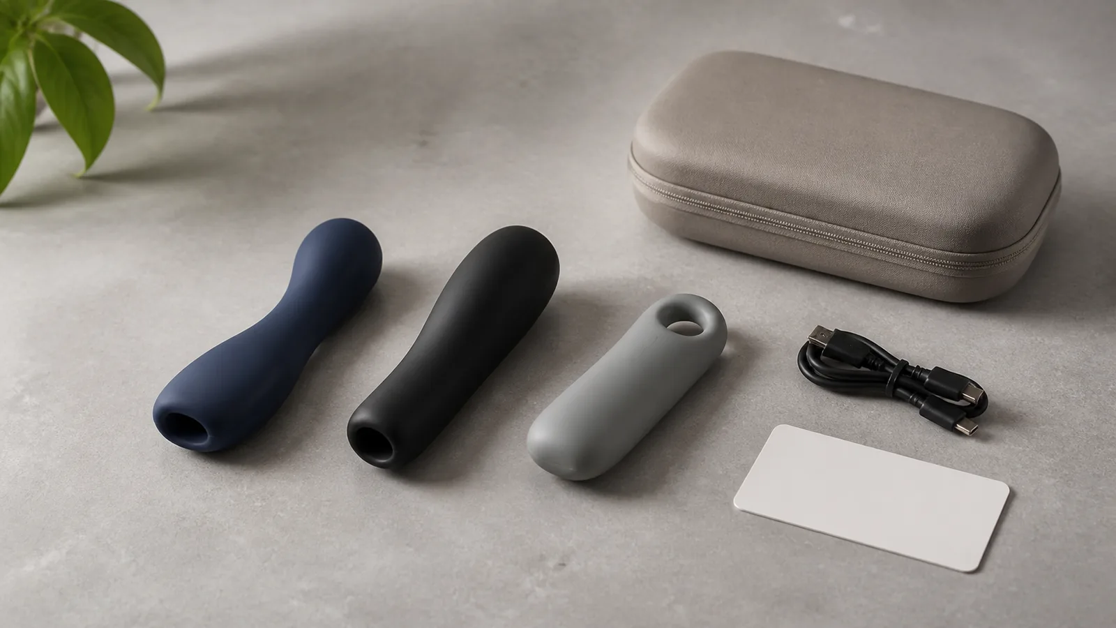 Three unbranded compact personal wellness devices, a travel case, and a USB-C cable arranged for a first-purchase comparison.