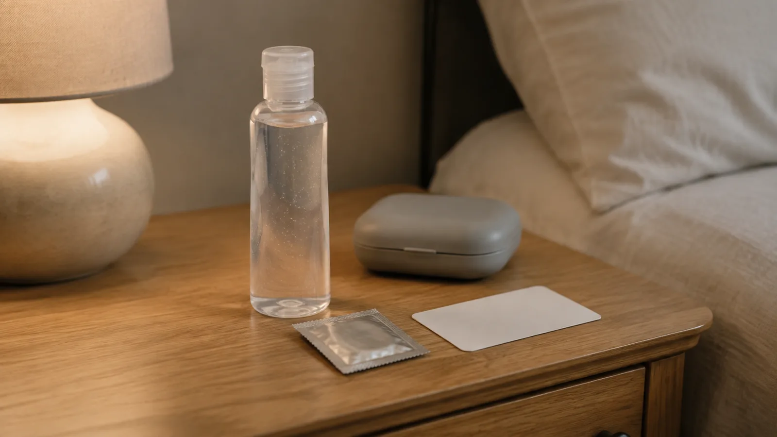 An unbranded personal lubricant bottle beside a plain unopened barrier wrapper, blank card, and closed storage case.