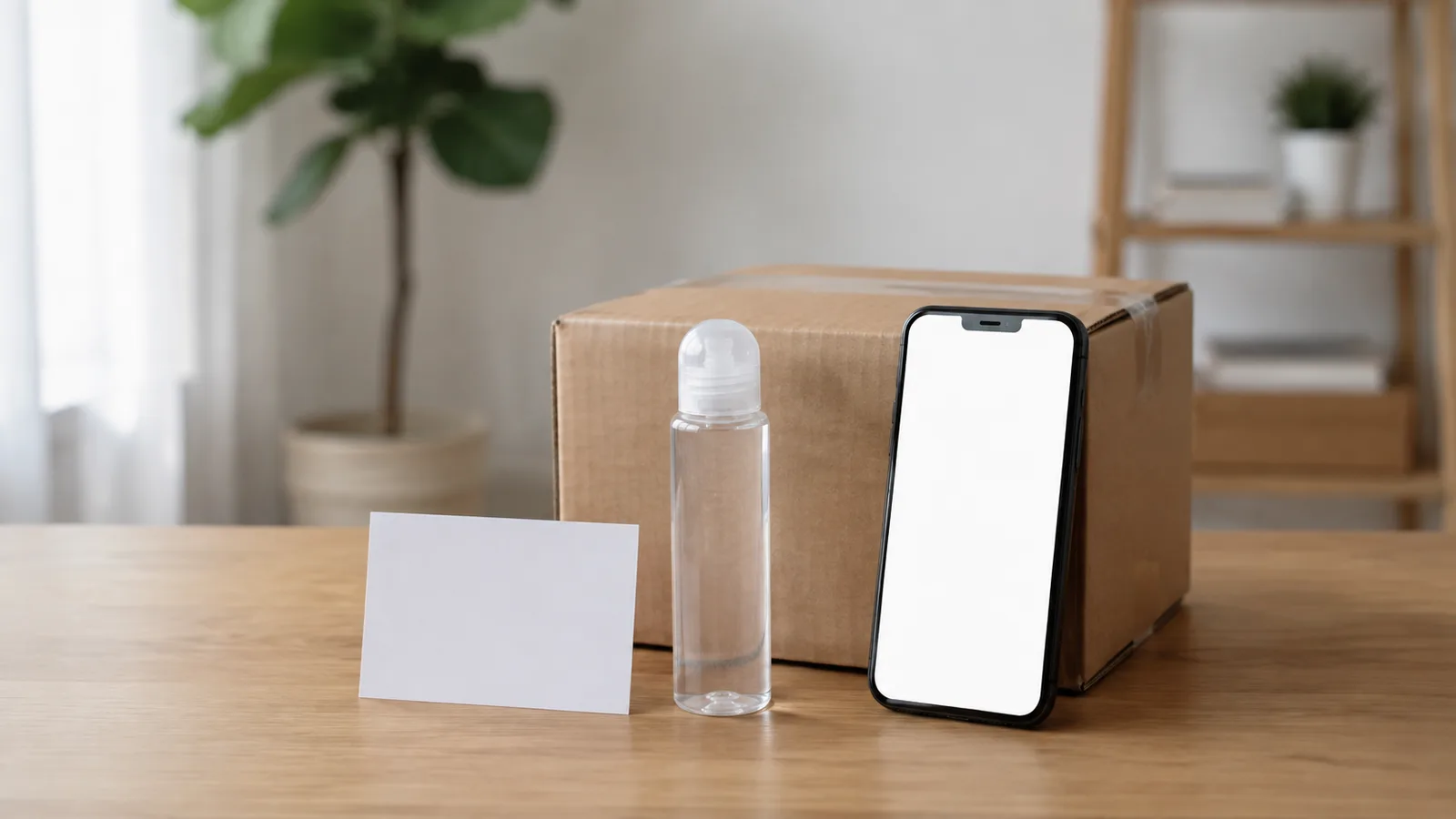 An unbranded sealed personal lubricant bottle, delivery parcel, blank support card, and smartphone with a blank screen.