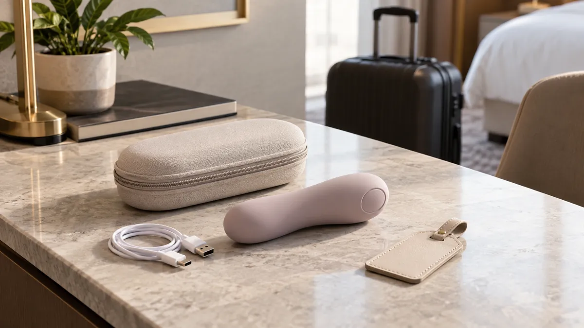 Close editorial view of an unbranded compact personal-wellness product beside a plain travel case.