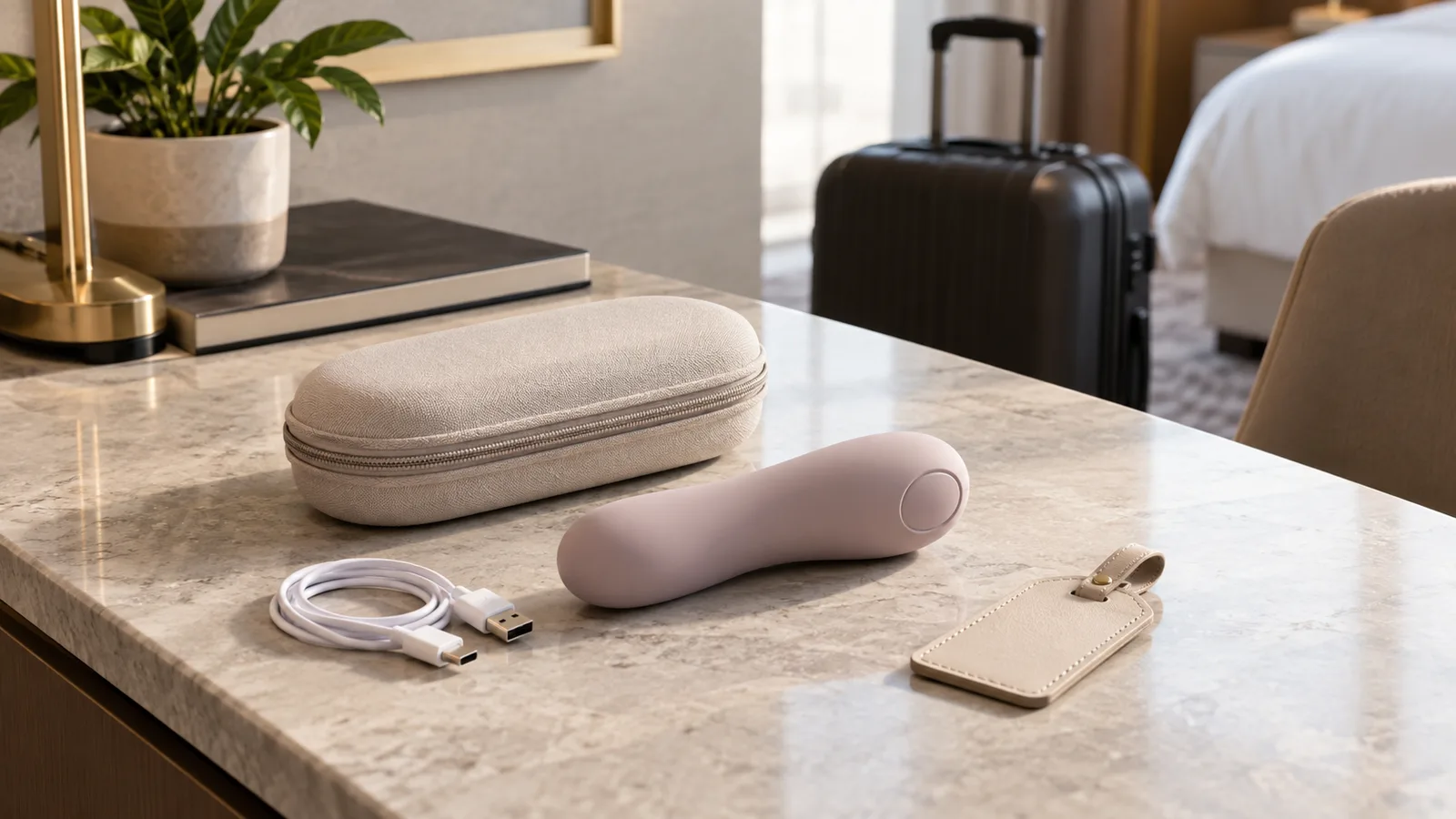 Unbranded compact personal-wellness product with a neutral travel case and charging cable on a hotel desk.