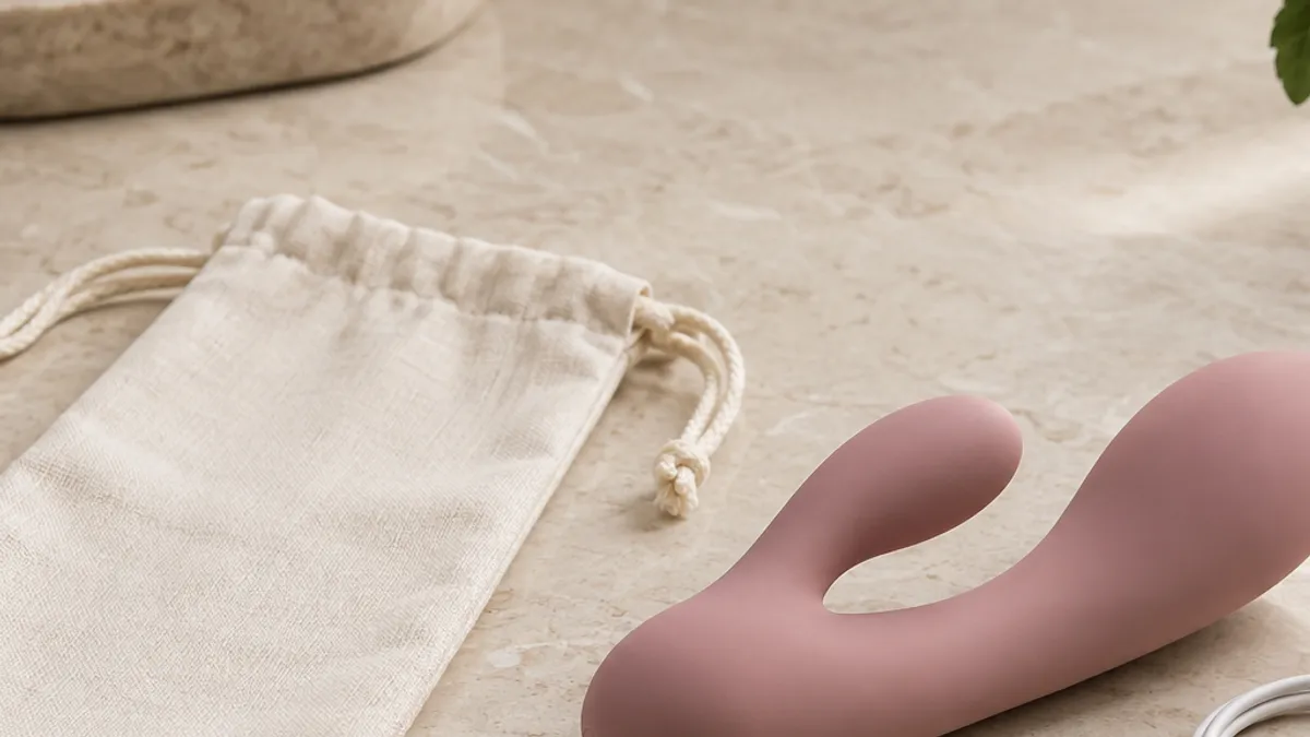 Close editorial product view of an unbranded rabbit-shaped personal-wellness device beside a blank protective pouch.