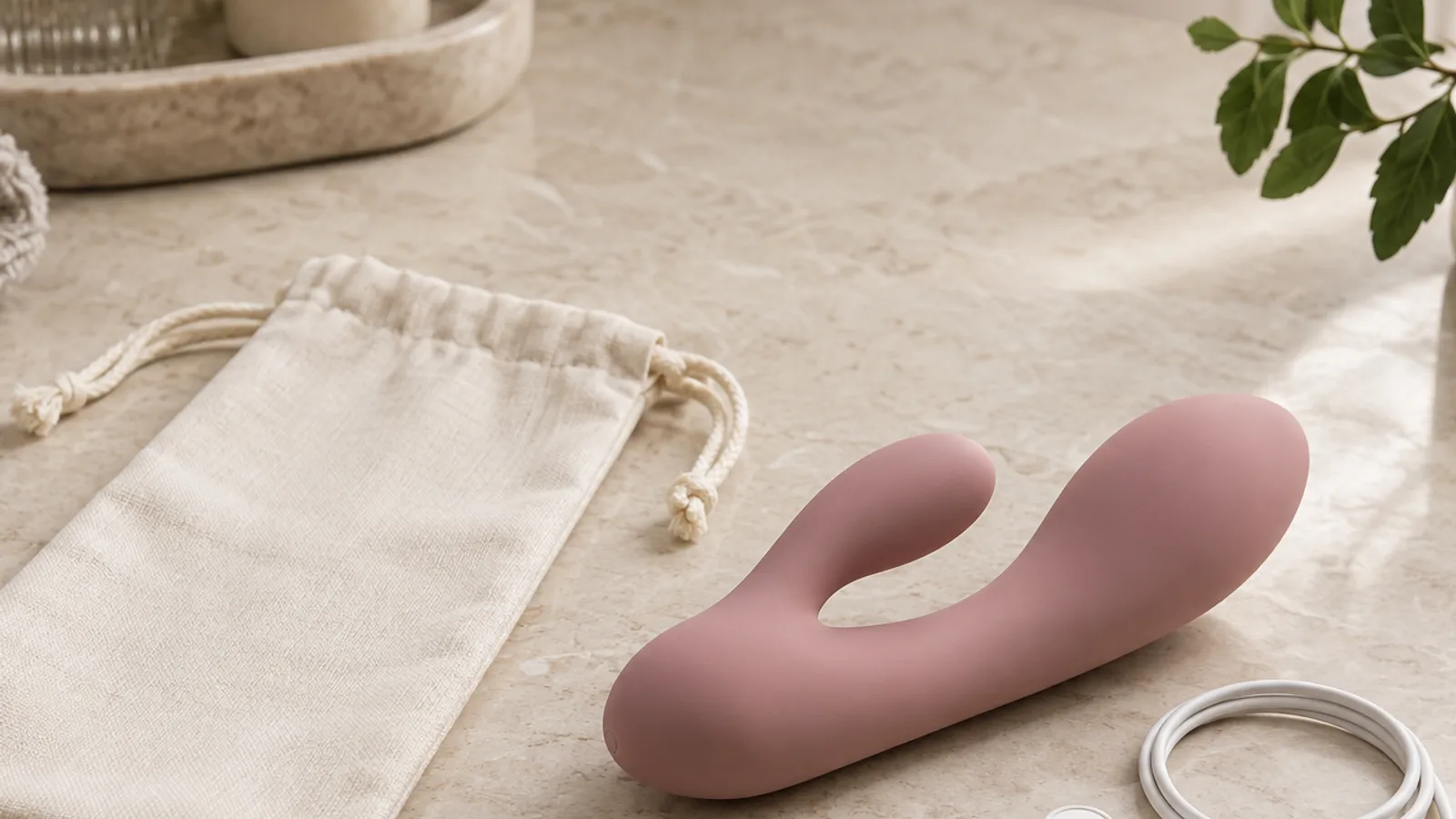 Unbranded rabbit-shaped personal-wellness device with a neutral storage pouch and charging cable on a warm stone surface.