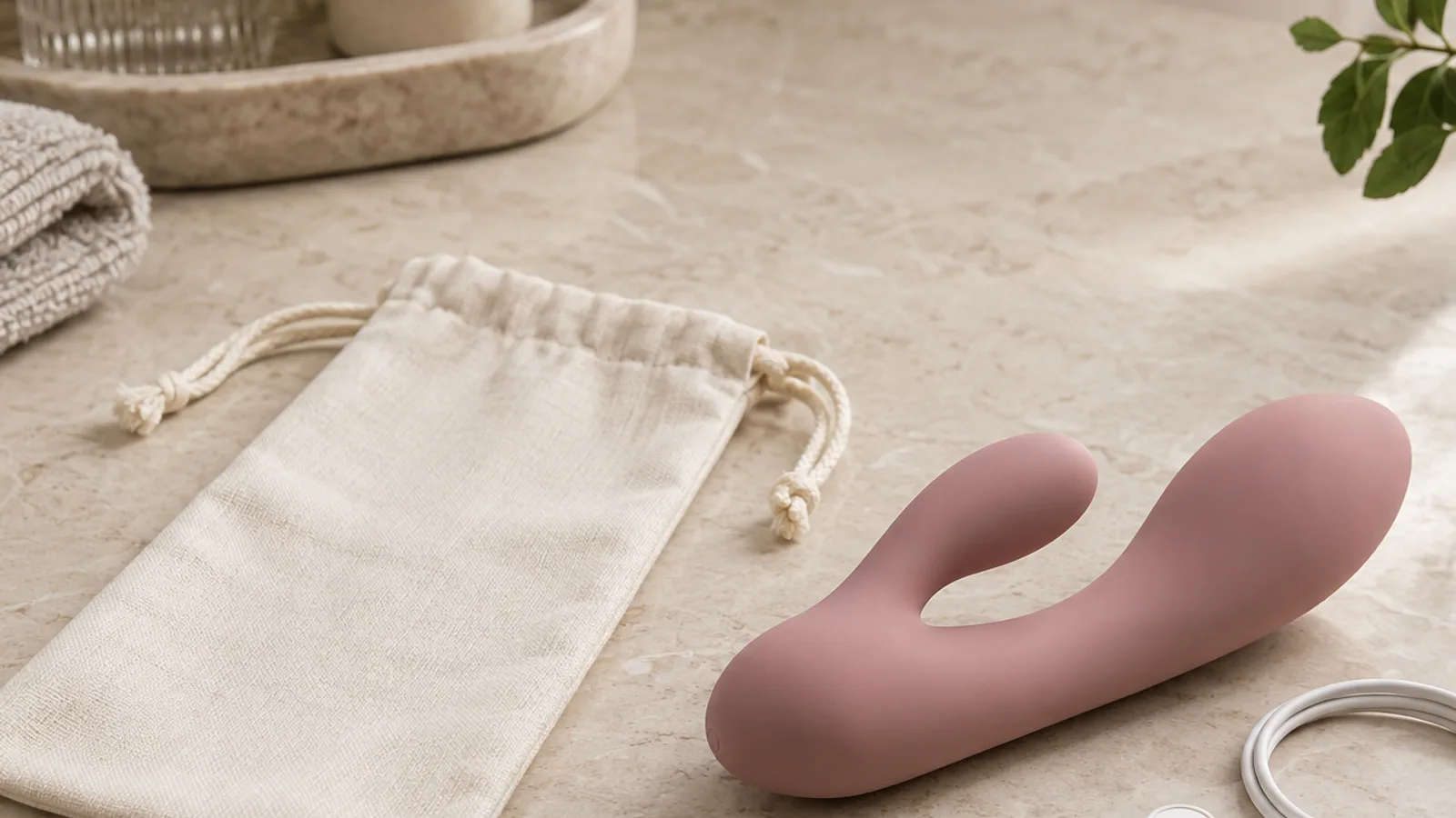 Unbranded rabbit-shaped personal-wellness device with a neutral storage pouch and charging cable on a warm stone surface.