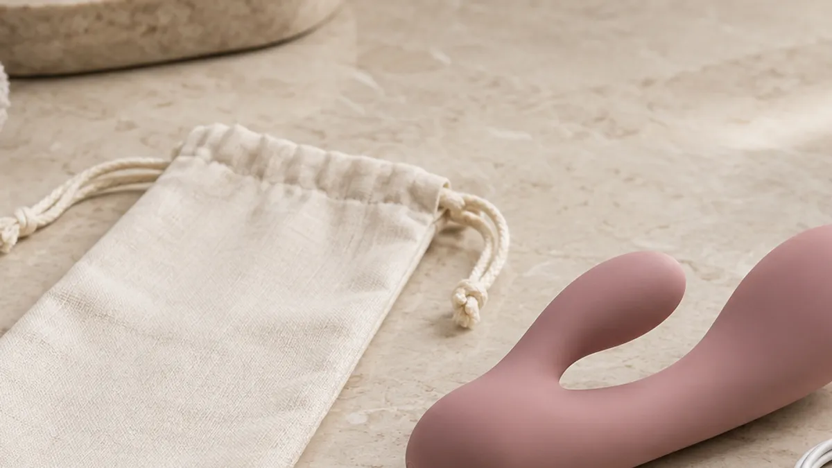 Close editorial product view of an unbranded rabbit-shaped personal-wellness device beside a blank protective pouch.