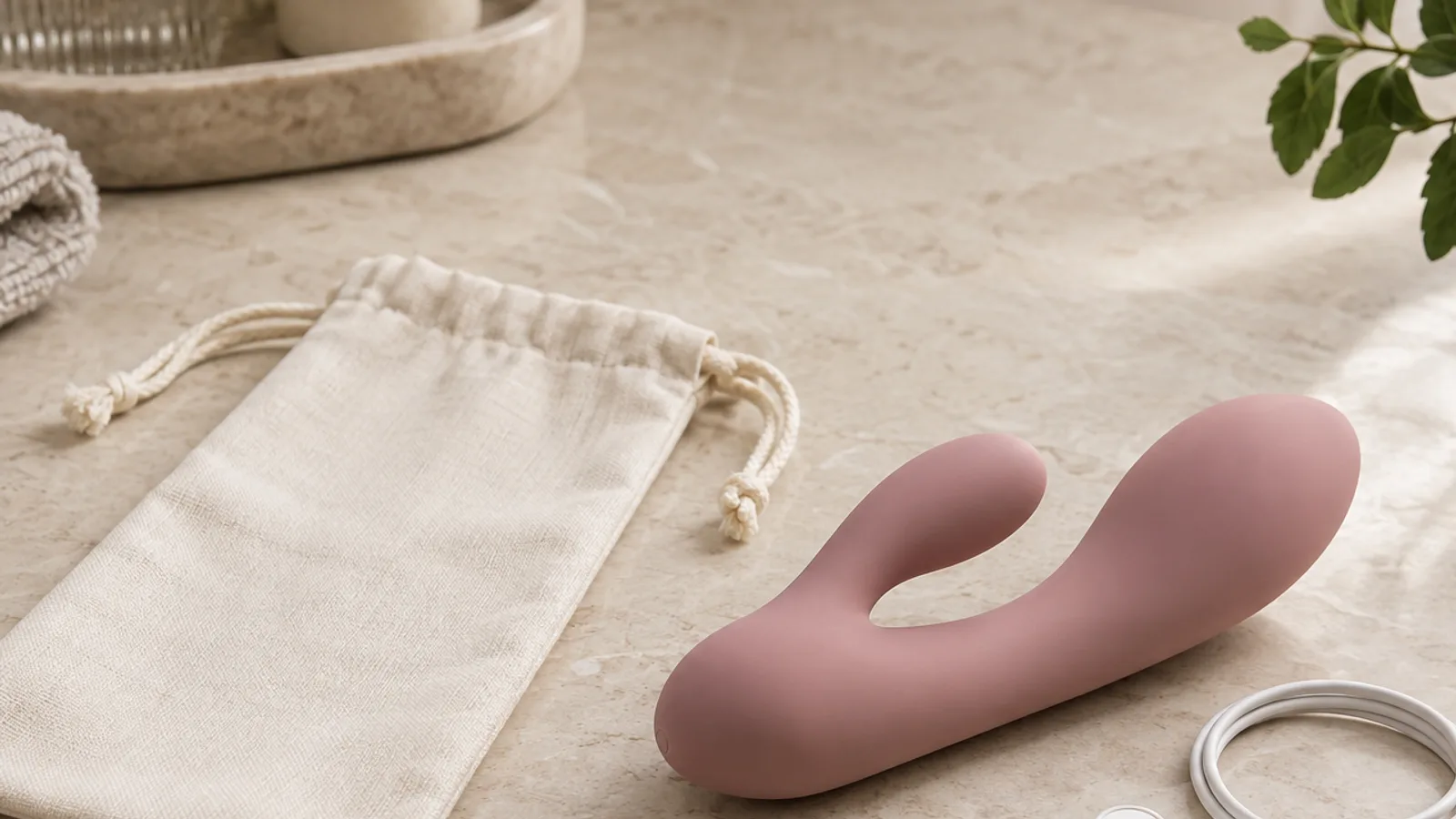 Unbranded rabbit-shaped personal-wellness device with a neutral storage pouch and charging cable on a warm stone surface.