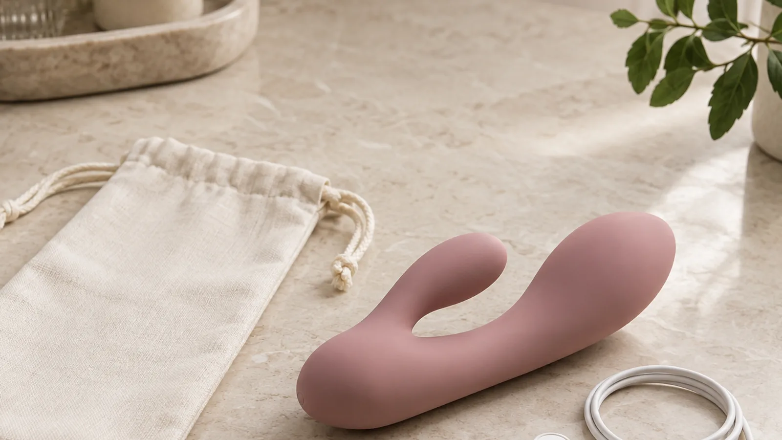 Unbranded rabbit-shaped personal-wellness device with a neutral storage pouch and charging cable on a warm stone surface.
