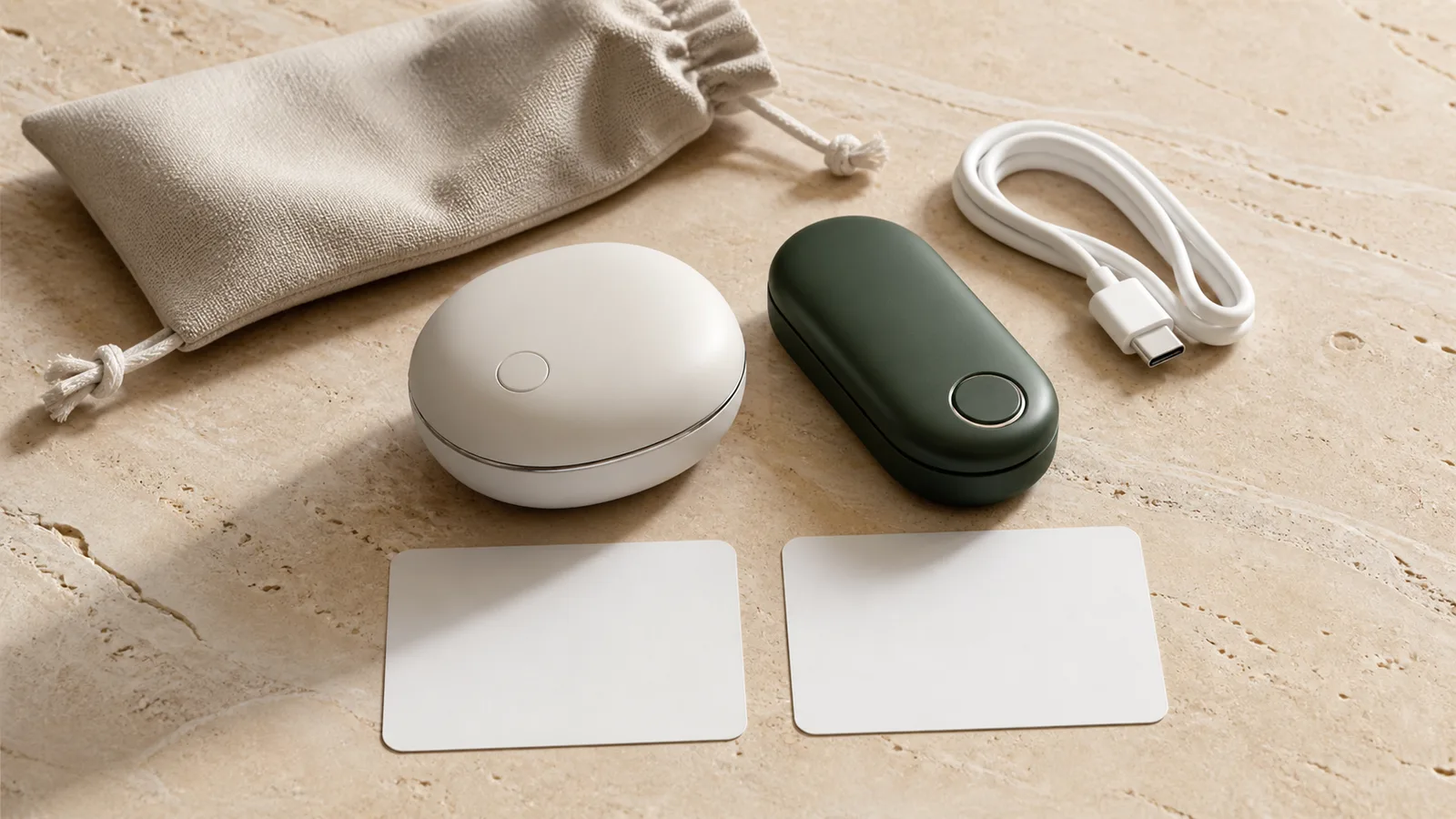 A plain sealed mailer, unbranded compact wellness-device box, travel pouch and blank order checklist on a clean entry table.