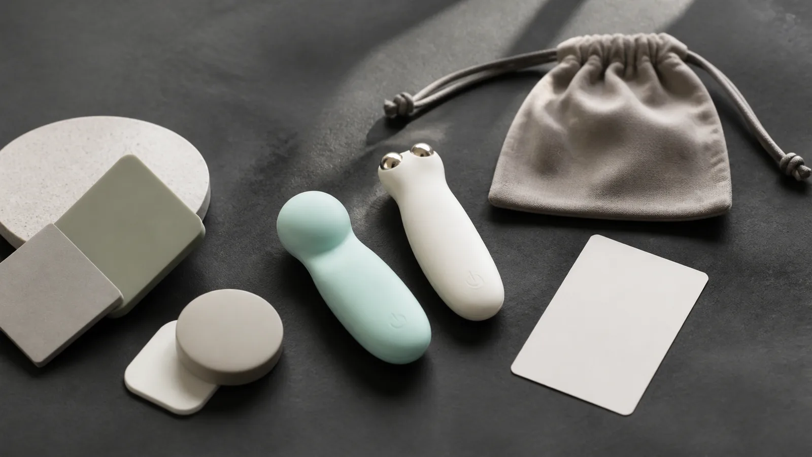 An unbranded compact rechargeable personal wellness device with USB-C cable, protective travel case, and plain packing checklist.