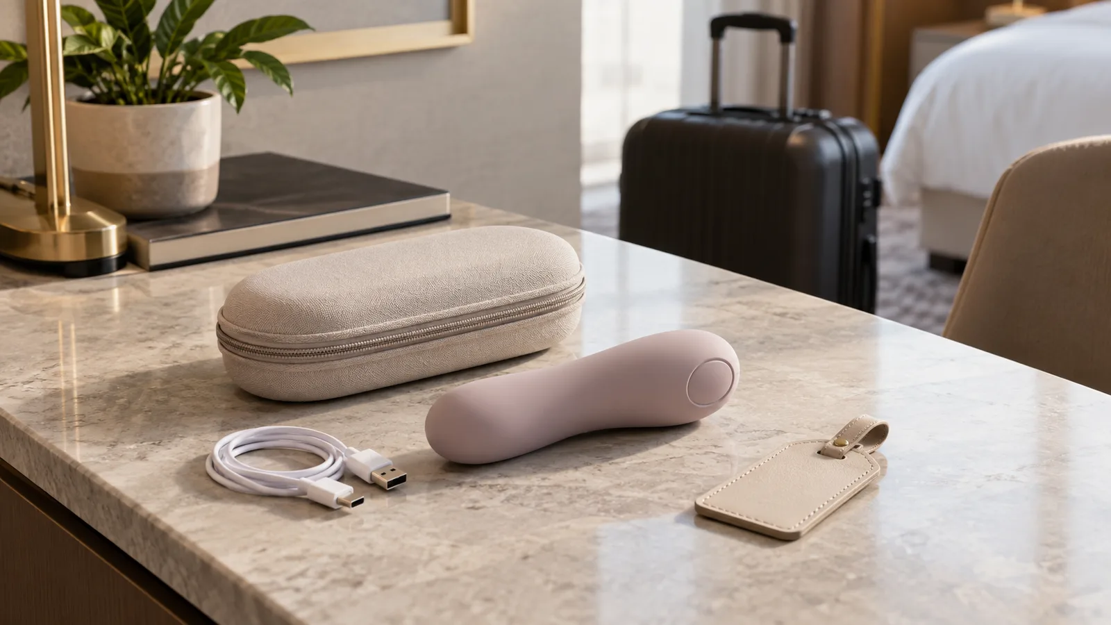 Unbranded compact personal-wellness product with a neutral travel case and charging cable on a hotel desk.
