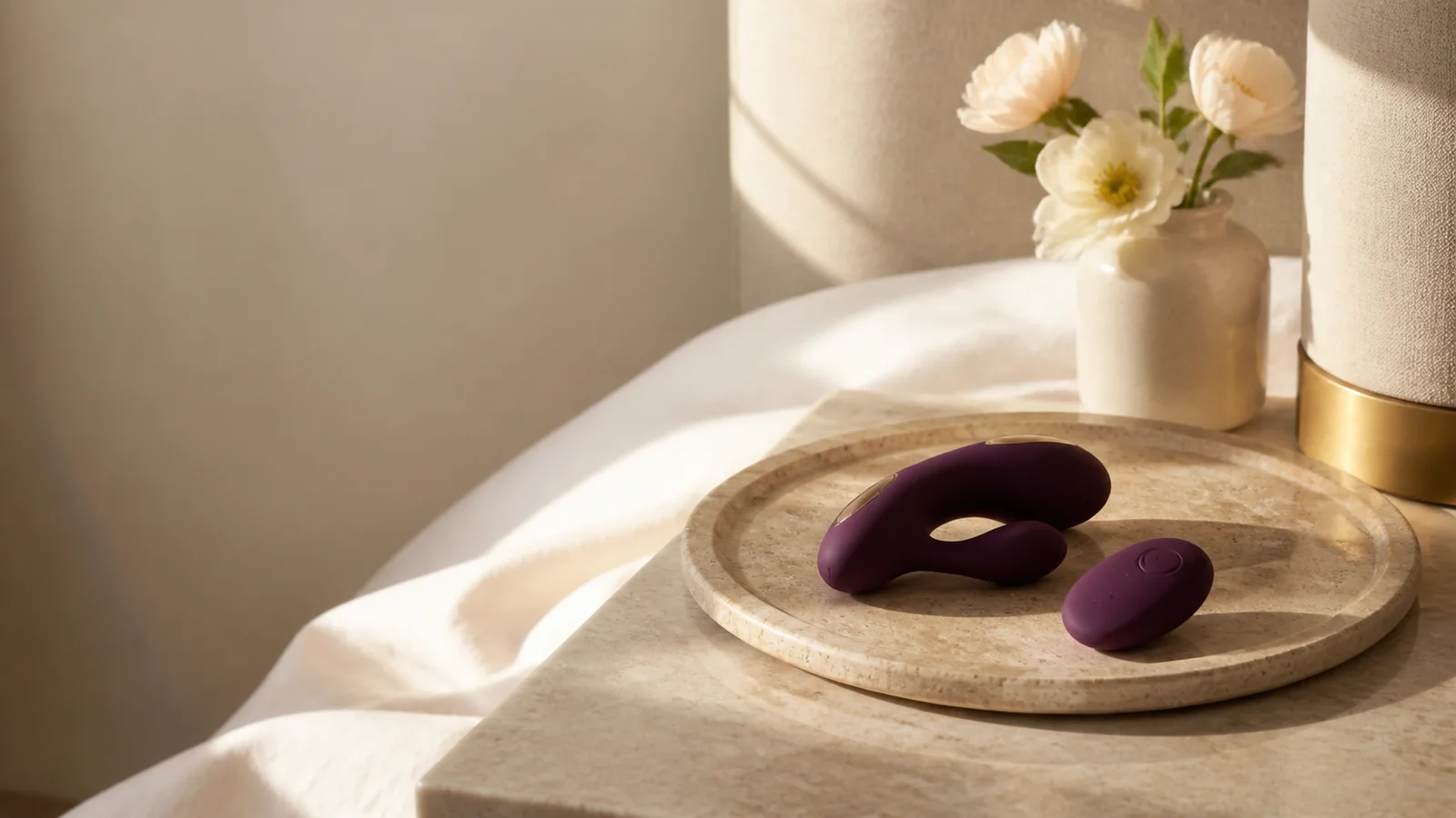 A compact plum remote-control personal wellness device paired with its separate remote on a stone tray.