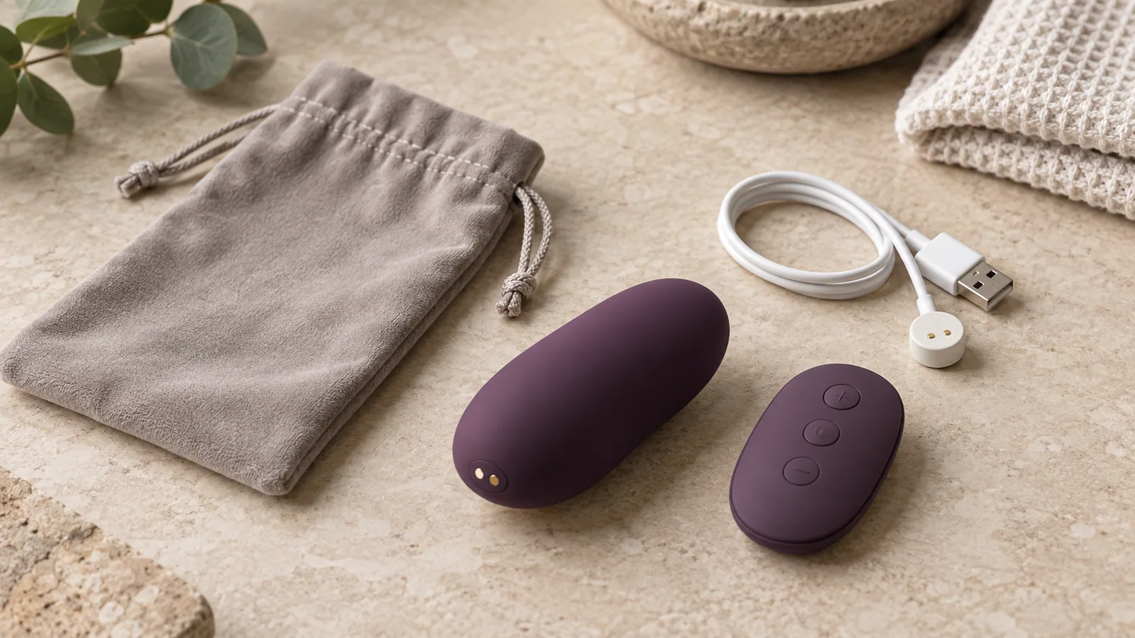 Unbranded compact remote-control personal-wellness device, separate control, storage pouch, and charging cable on a warm neutral stone surface.