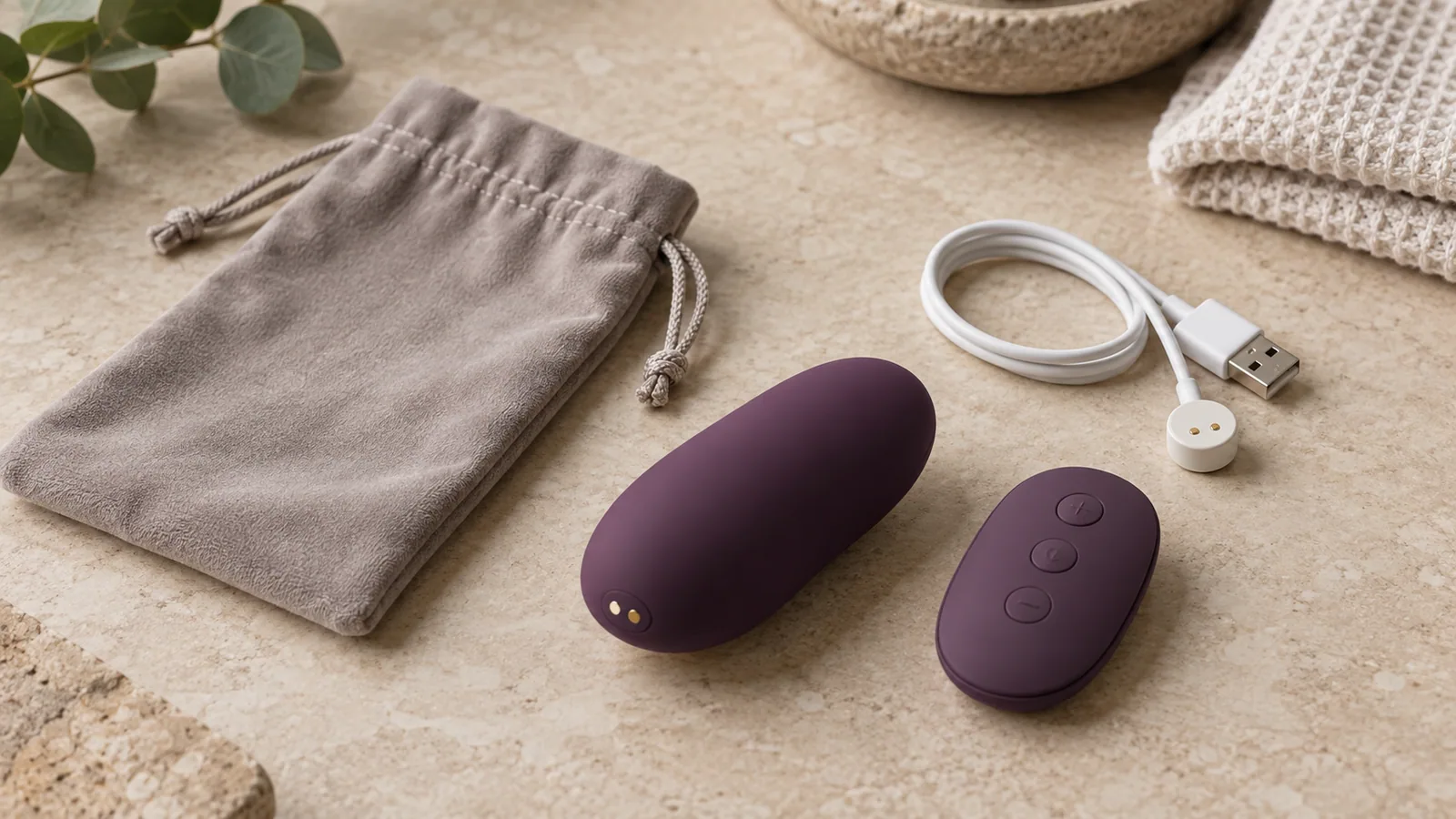Unbranded compact remote-control personal-wellness device, separate control, storage pouch, and charging cable on a warm neutral stone surface.