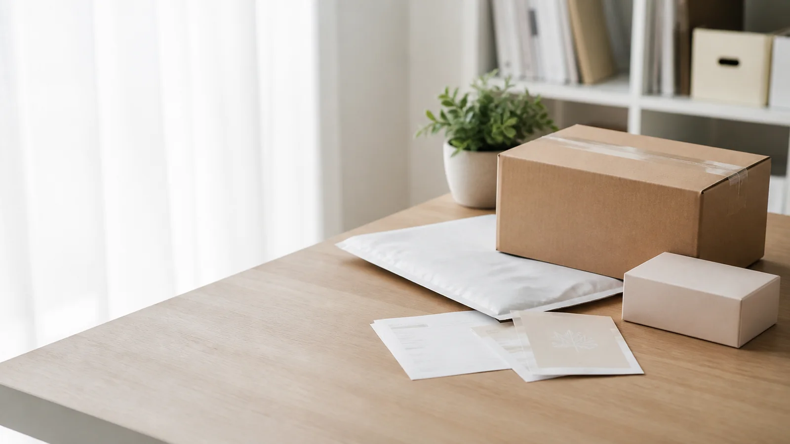 A plain parcel, sealed mailer, product box, and order documents set out for a return-policy review.