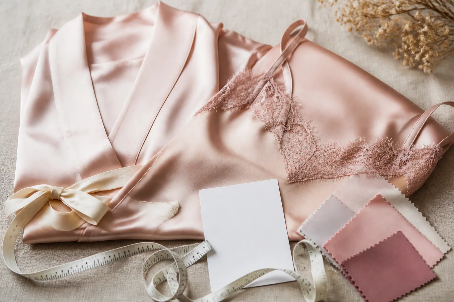 A satin camisole and robe with a tape measure, blank size card, and fabric swatches on a linen studio table.