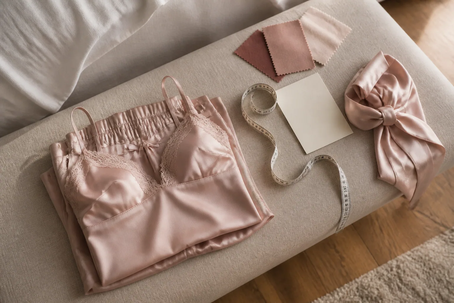 A folded satin sleepwear set, tape measure, robe belt, neutral size card, and fabric swatches on a bedroom bench.