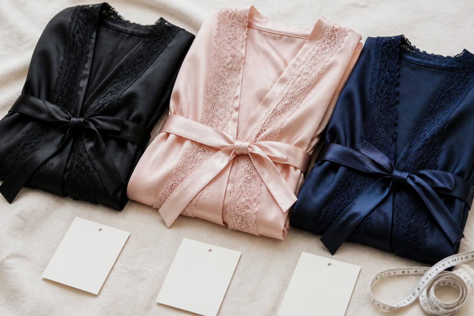 Three folded sleepwear fabrics with matching belts, blank size cards, and a tape measure on a neutral textile surface.